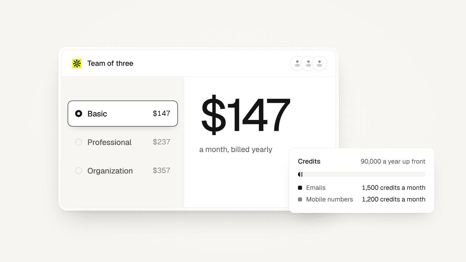 Apollo pricing pane, team of three: Basic at $147 a month billed yearly, 90,000 credits a year up front, 2,700 credits a month on emails and mobile numbers.