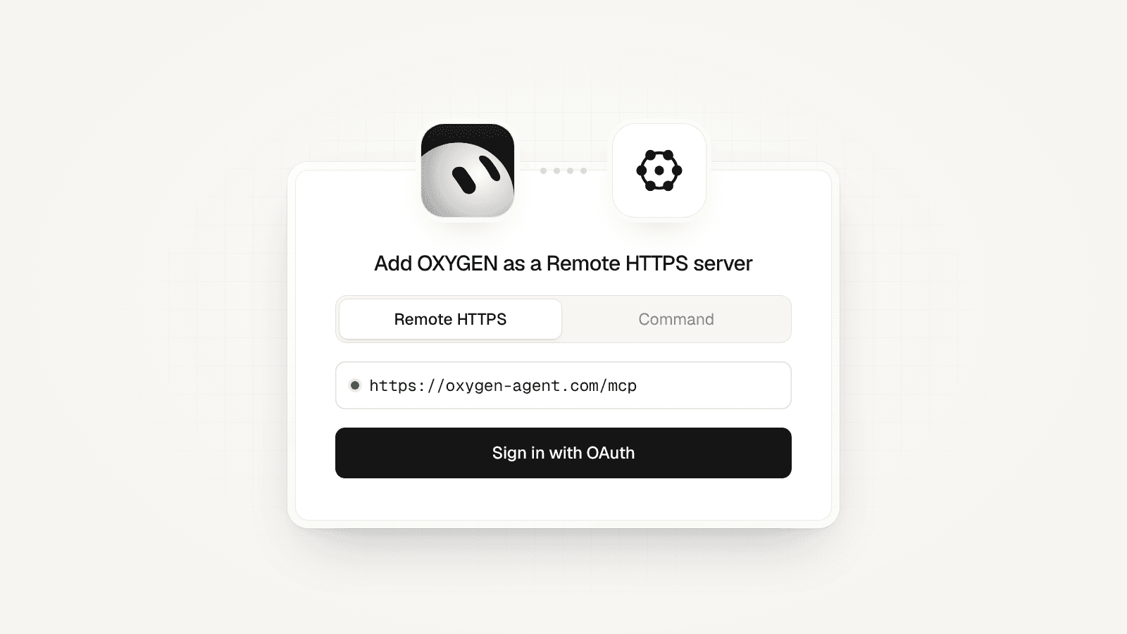 A connect card with the Grok Bot mark linked to the OXYGEN mark: Remote HTTPS, https://getoxygenoutreach.com/mcp, and Sign in with OAuth.